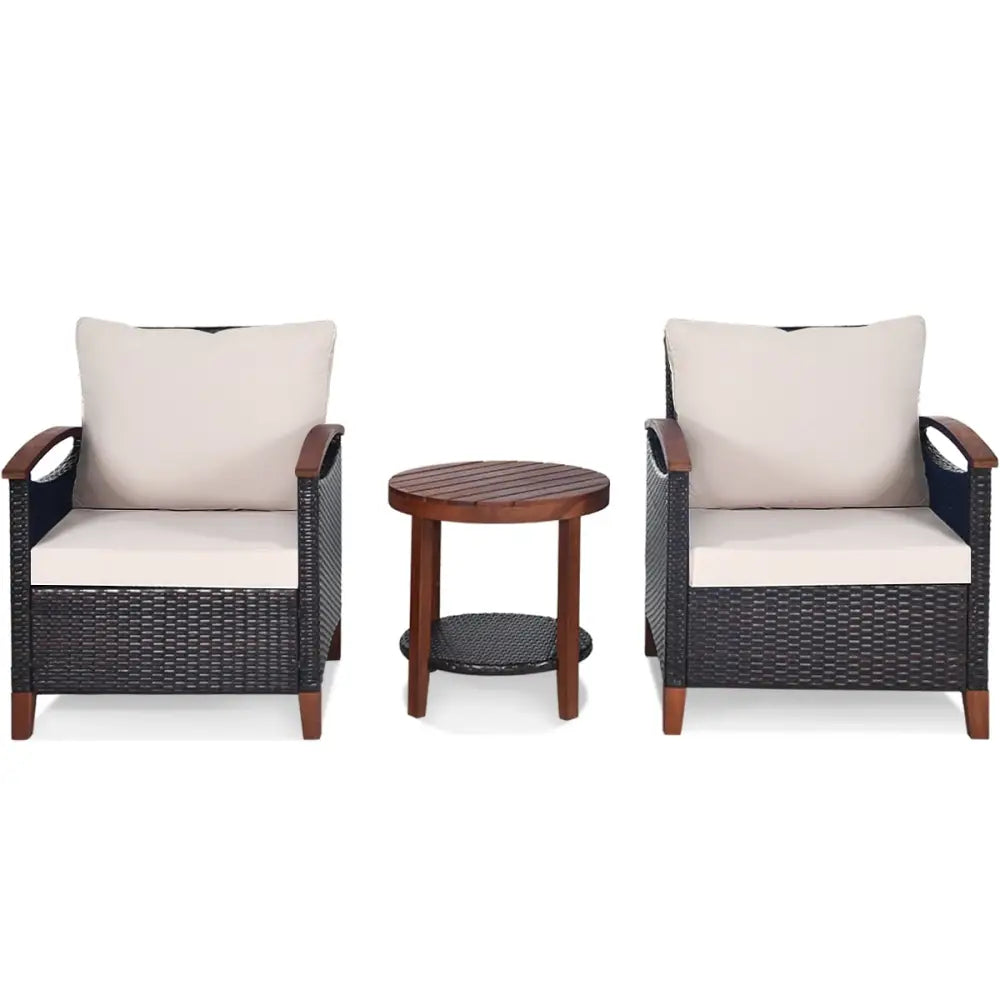 3 Pieces Patio Wicker Furniture Set with Washable Cushion and Acacia Wood Tabletop-Beige - Beige - Patio Conversation