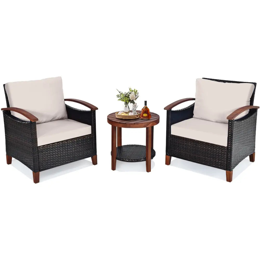 3 Pieces Patio Wicker Furniture Set with Washable Cushion and Acacia Wood Tabletop-Beige - Beige - Patio Conversation