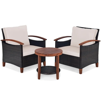 3 Pieces Patio Wicker Furniture Set with Washable Cushion and Acacia Wood Tabletop-Beige - Beige - Patio Conversation