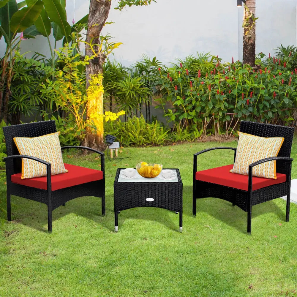 3 Pieces Patio Wicker Rattan Furniture Set with Cushion for Lawn Backyard-Red - Red - Patio Conversation Sets