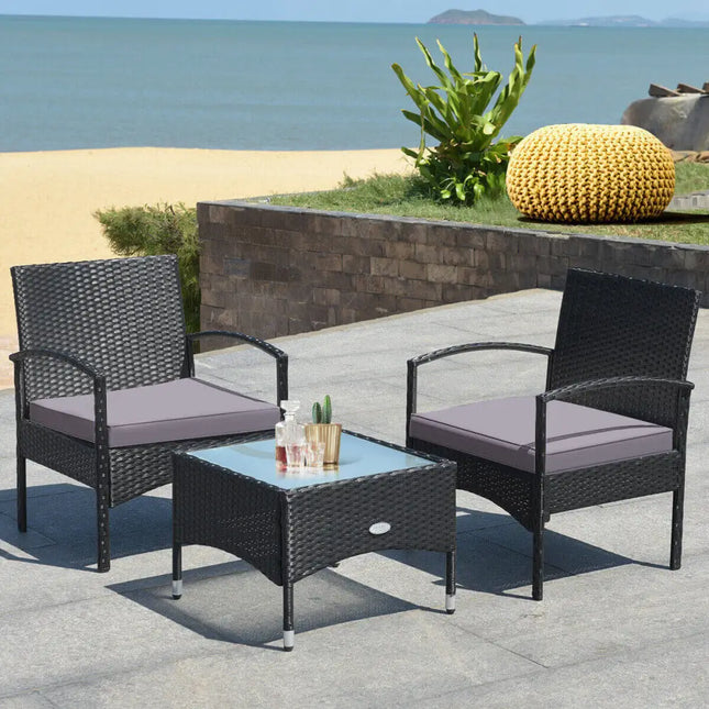 3 Pieces Patio Wicker Rattan Furniture Set with Cushion for Lawn Backyard-Gray - Gray - Patio Conversation Sets