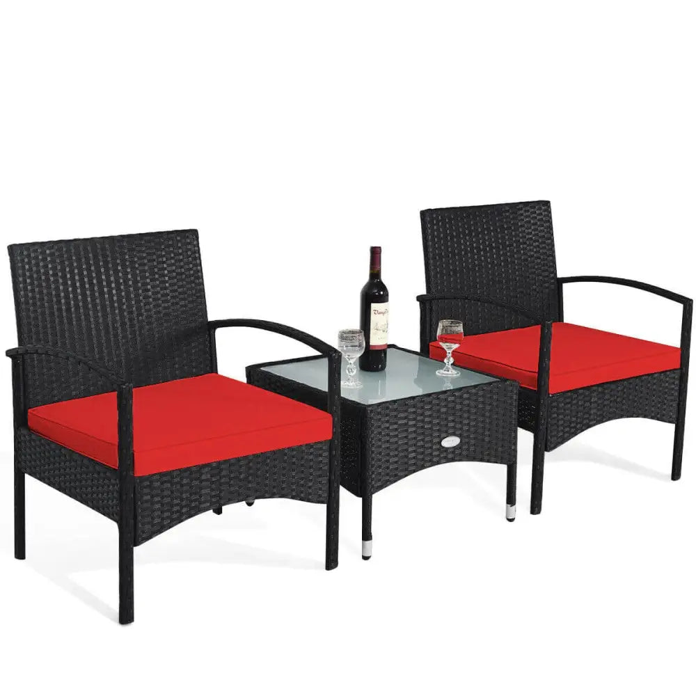 3 Pieces Patio Wicker Rattan Furniture Set with Cushion for Lawn Backyard-Red - Red - Patio Conversation Sets