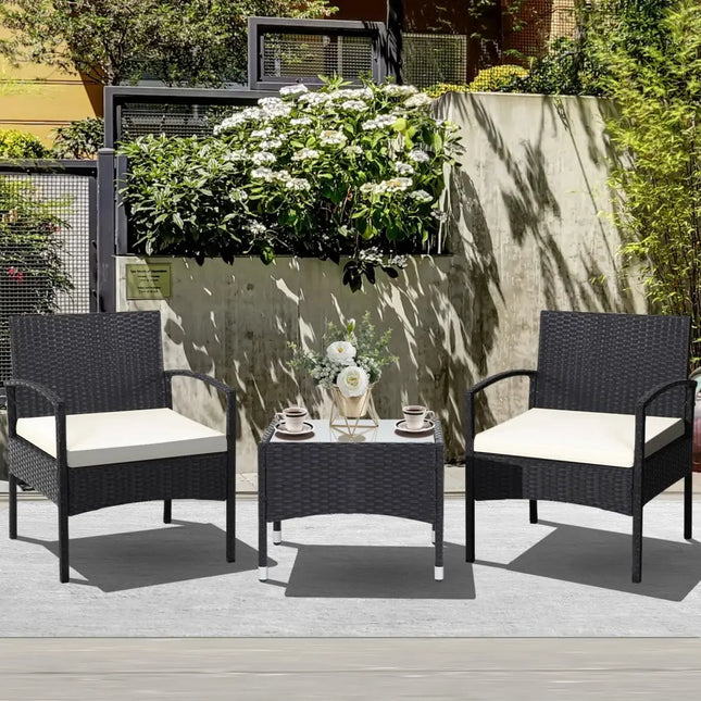 3 Pieces Patio Wicker Rattan Furniture Set with Cushion for Lawn Backyard-White - White - Patio Conversation Sets
