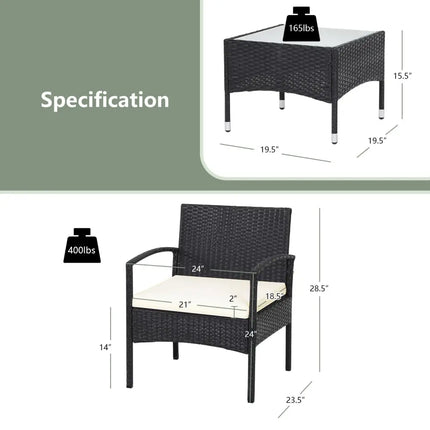 3 Pieces Patio Wicker Rattan Furniture Set with Cushion for Lawn Backyard-White - White - Patio Conversation Sets