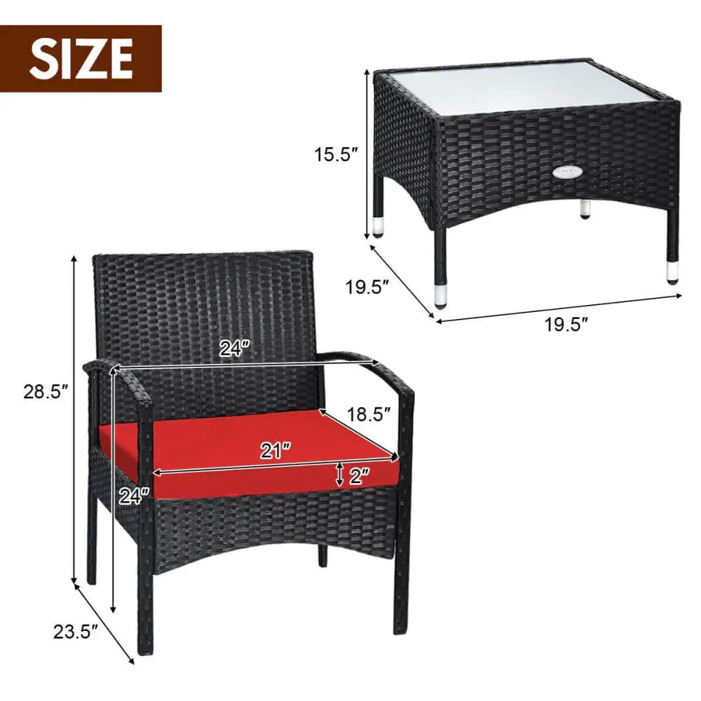 3 Pieces Patio Wicker Rattan Furniture Set with Cushion for Lawn Backyard-Red - Red - Patio Conversation Sets