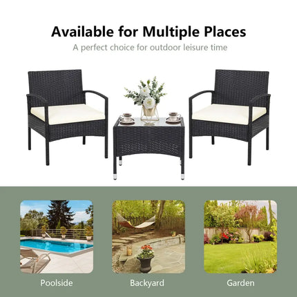 3 Pieces Patio Wicker Rattan Furniture Set with Cushion for Lawn Backyard-White - White - Patio Conversation Sets