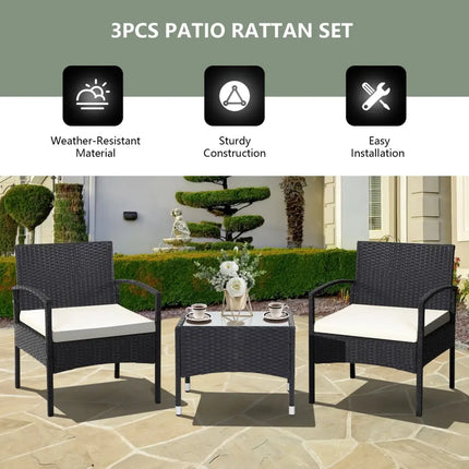 3 Pieces Patio Wicker Rattan Furniture Set with Cushion for Lawn Backyard-White - White - Patio Conversation Sets