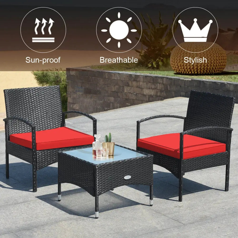 3 Pieces Patio Wicker Rattan Furniture Set with Cushion for Lawn Backyard-Red - Red - Patio Conversation Sets