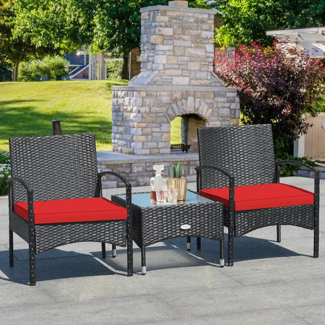3 Pieces Patio Wicker Rattan Furniture Set with Cushion for Lawn Backyard-Red - Red - Patio Conversation Sets