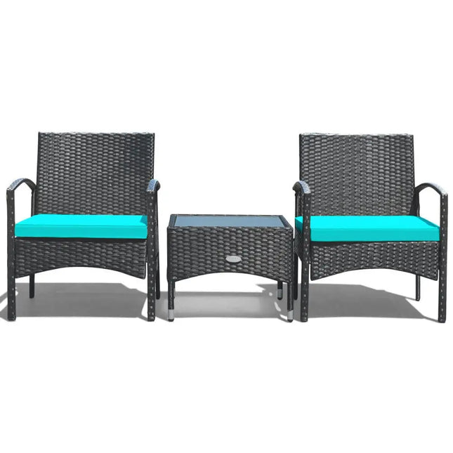 3 Pieces Patio Wicker Rattan Furniture Set with Cushion for Lawn Backyard-Turquoise - Turquoise - Patio Conversation