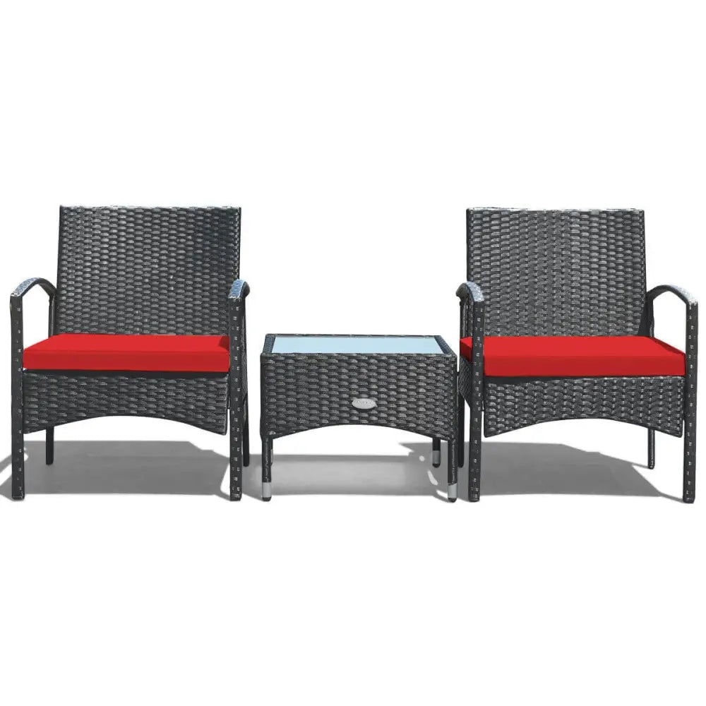 3 Pieces Patio Wicker Rattan Furniture Set with Cushion for Lawn Backyard-Red - Red - Patio Conversation Sets