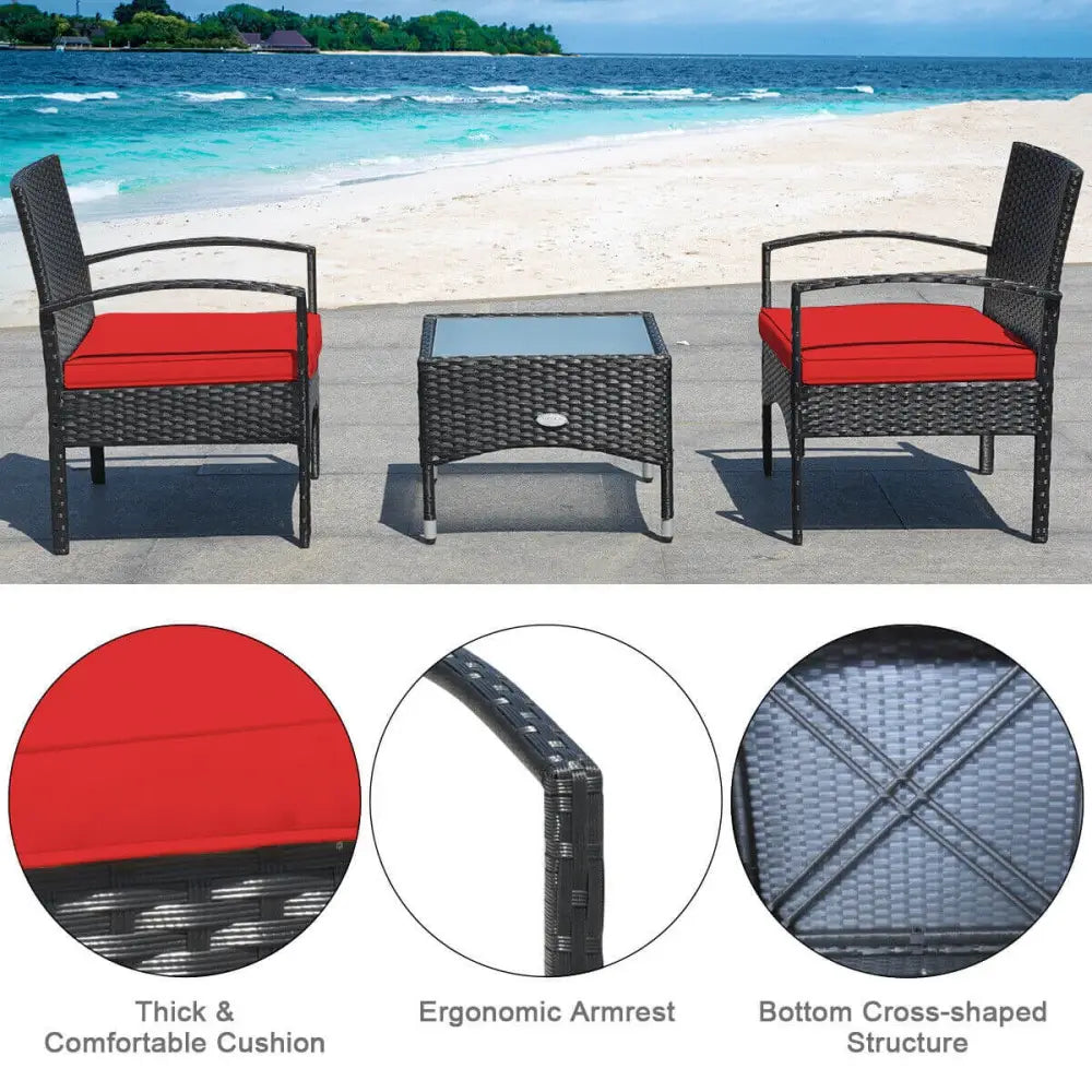 3 Pieces Patio Wicker Rattan Furniture Set with Cushion for Lawn Backyard-Red - Red - Patio Conversation Sets