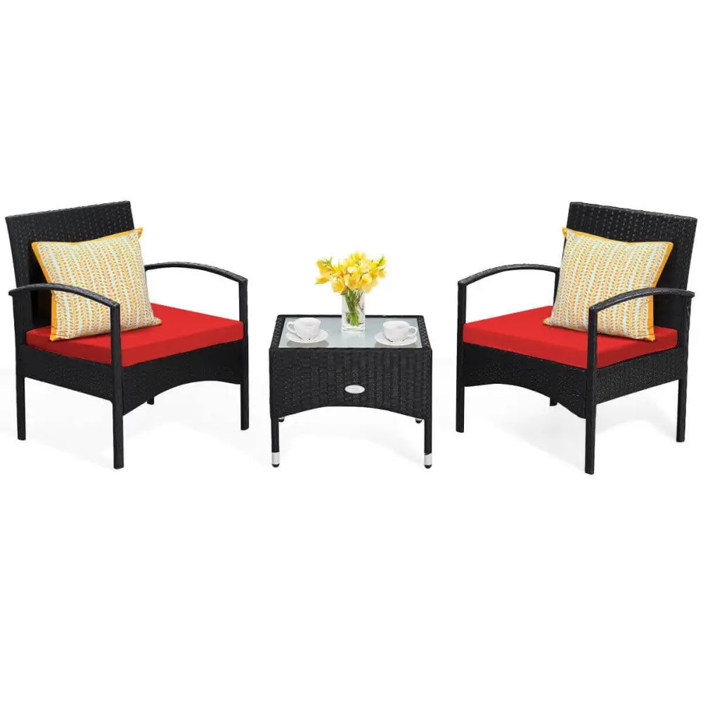 3 Pieces Patio Wicker Rattan Furniture Set with Cushion for Lawn Backyard-Red - Red - Patio Conversation Sets