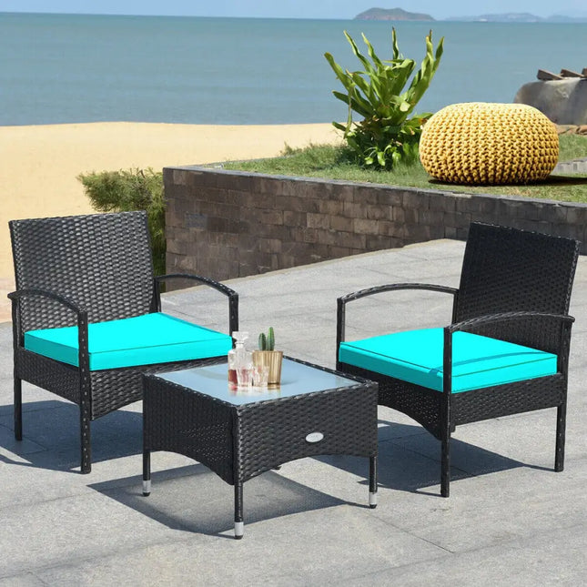 3 Pieces Patio Wicker Rattan Furniture Set with Cushion for Lawn Backyard-Turquoise - Turquoise - Patio Conversation