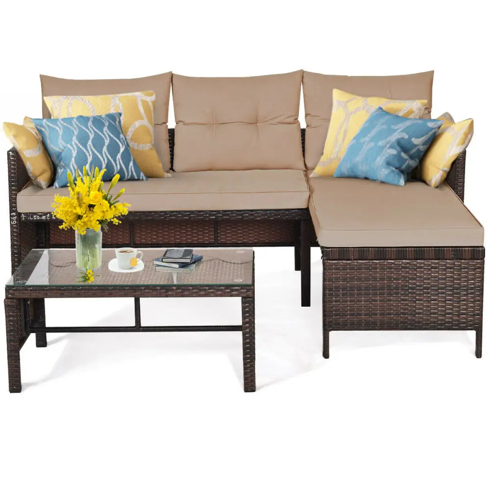 3 Pieces Patio Wicker Rattan Sofa Set-Beige - Beige - Patio Conversation Sets