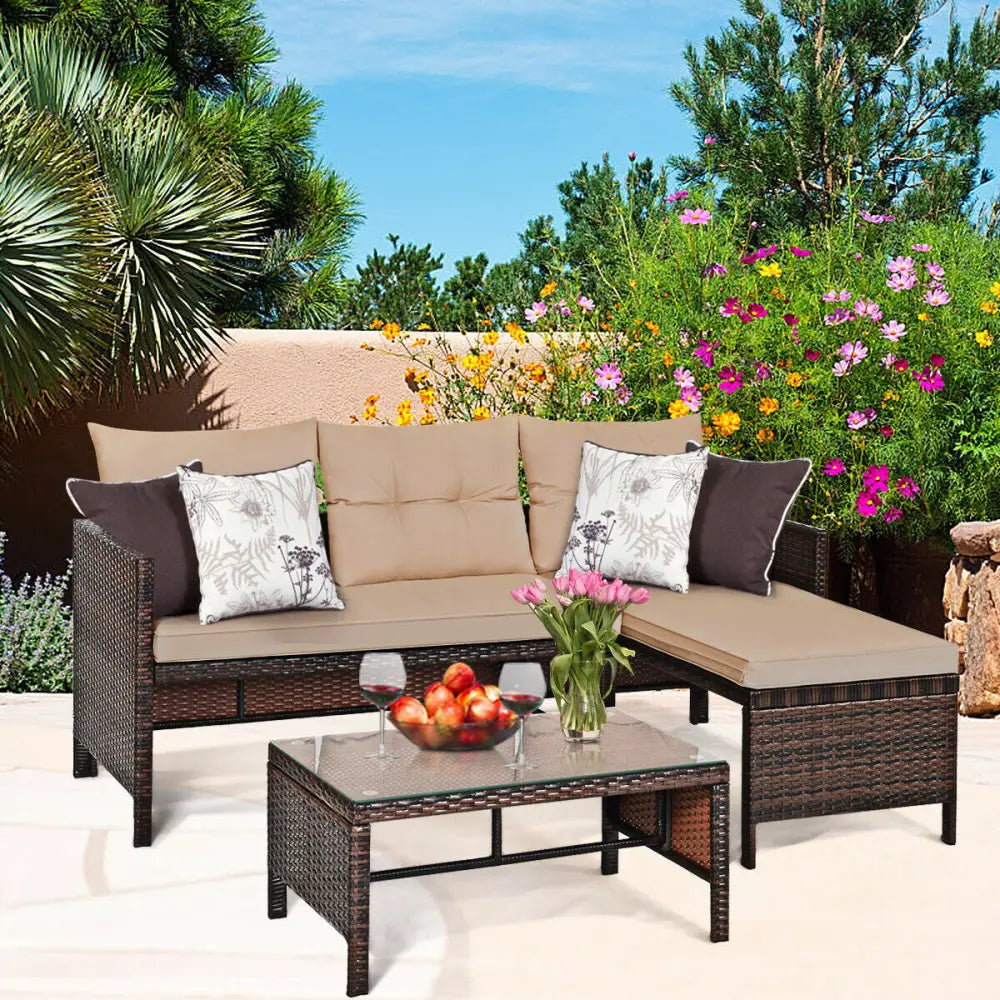 3 Pieces Patio Wicker Rattan Sofa Set-Beige - Beige - Patio Conversation Sets
