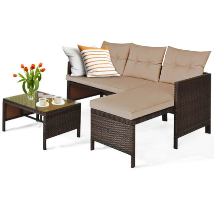 3 Pieces Patio Wicker Rattan Sofa Set-Beige - Beige - Patio Conversation Sets