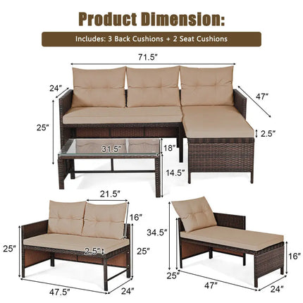 3 Pieces Patio Wicker Rattan Sofa Set-Beige - Beige - Patio Conversation Sets