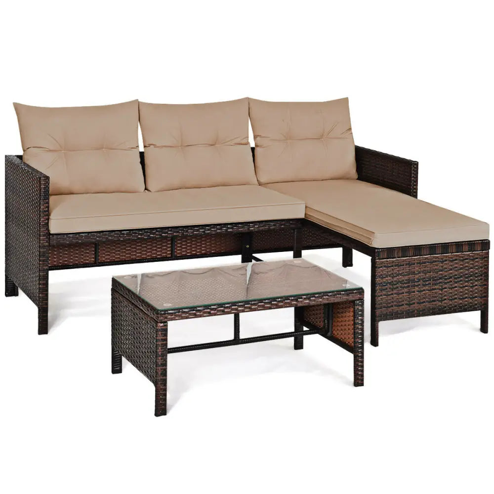 3 Pieces Patio Wicker Rattan Sofa Set-Beige - Beige - Patio Conversation Sets