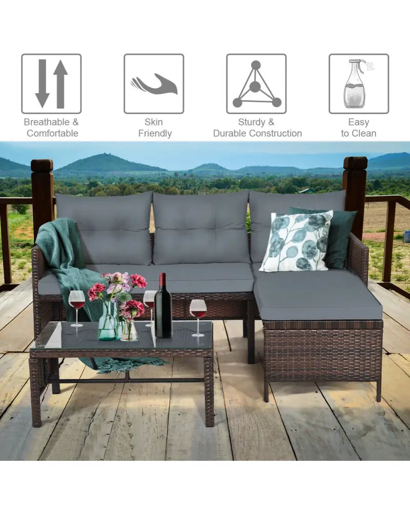 3 Pieces Patio Wicker Rattan Sofa Set-Gray - Gray - Patio Conversation Sets