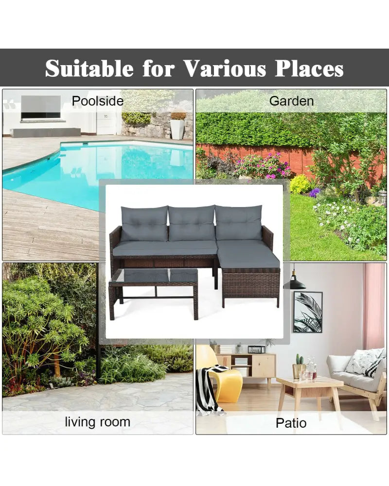 3 Pieces Patio Wicker Rattan Sofa Set-Gray - Gray - Patio Conversation Sets