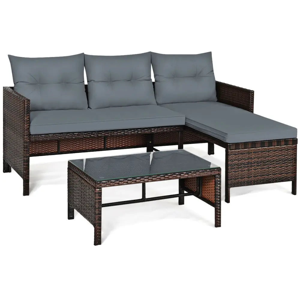 3 Pieces Patio Wicker Rattan Sofa Set-Gray - Gray - Patio Conversation Sets