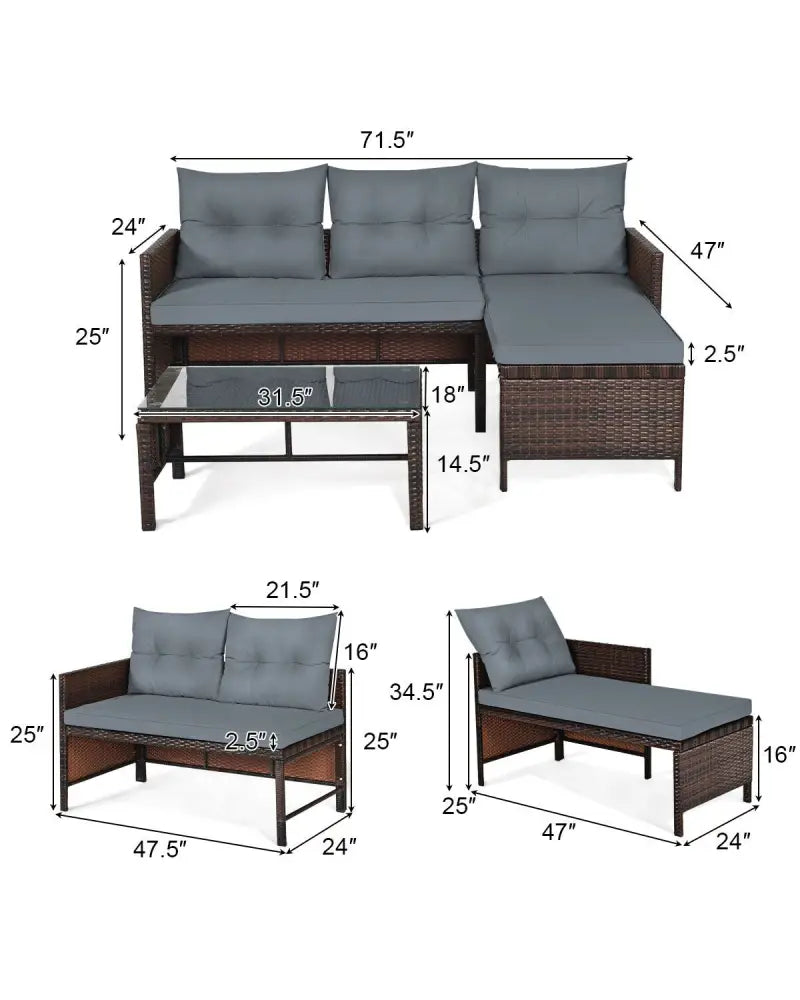 3 Pieces Patio Wicker Rattan Sofa Set-Gray - Gray - Patio Conversation Sets