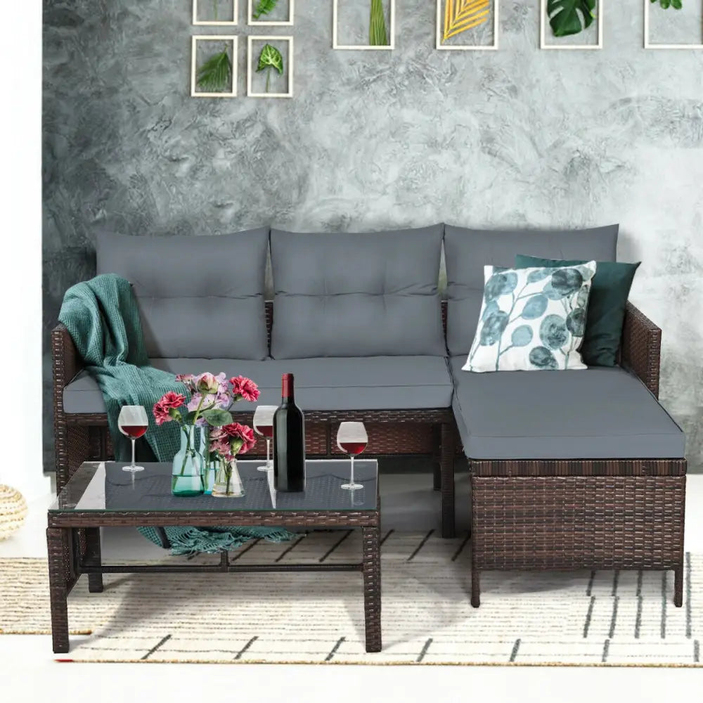 3 Pieces Patio Wicker Rattan Sofa Set-Gray - Gray - Patio Conversation Sets