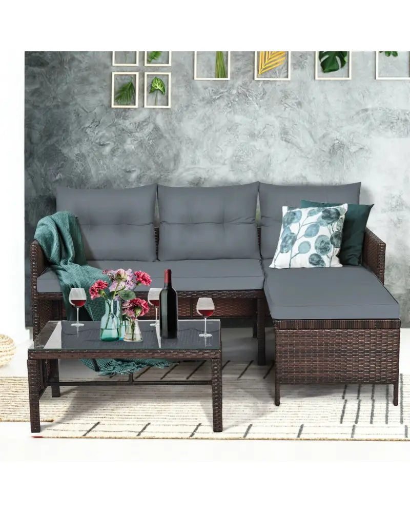 3 Pieces Patio Wicker Rattan Sofa Set-Gray - Gray - Patio Conversation Sets