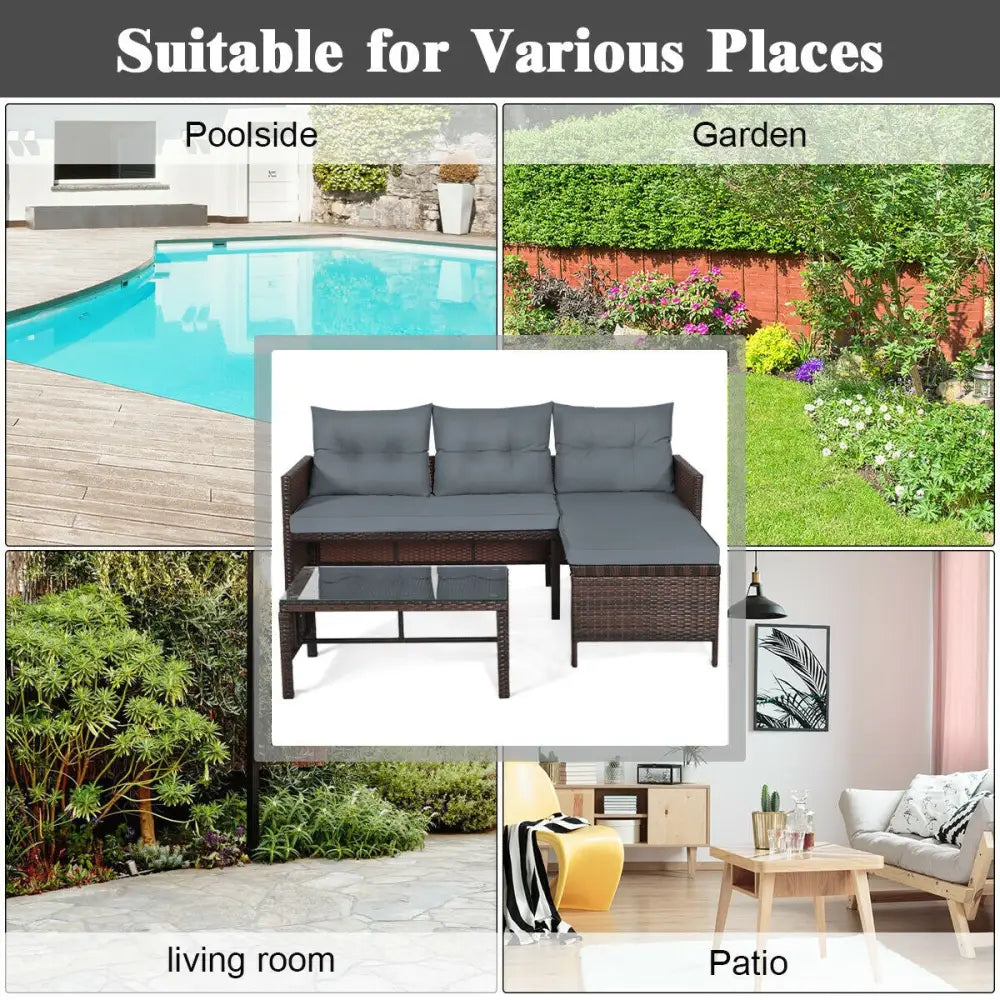 3 Pieces Patio Wicker Rattan Sofa Set-Gray - Gray - Patio Conversation Sets