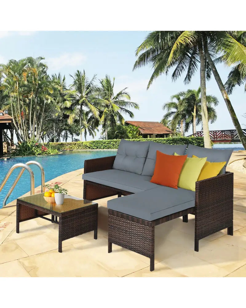 3 Pieces Patio Wicker Rattan Sofa Set-Gray - Gray - Patio Conversation Sets