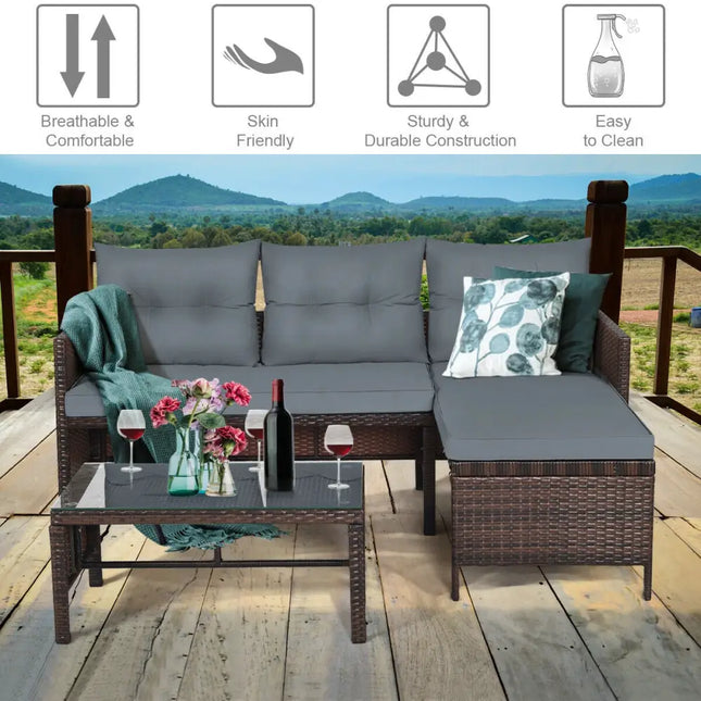 3 Pieces Patio Wicker Rattan Sofa Set-Gray - Gray - Patio Conversation Sets