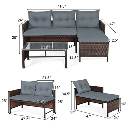 3 Pieces Patio Wicker Rattan Sofa Set-Gray - Gray - Patio Conversation Sets