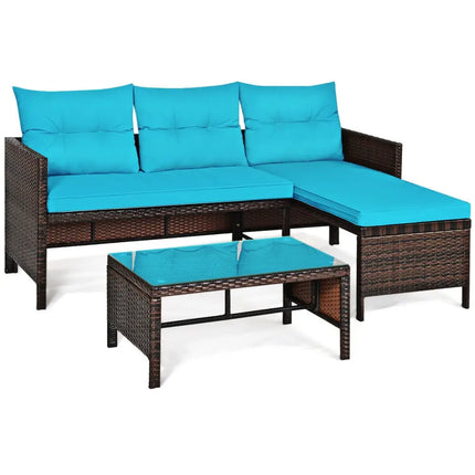 3 Pieces Patio Wicker Rattan Sofa Set-Turquoise - Turquoise - Patio Conversation Sets