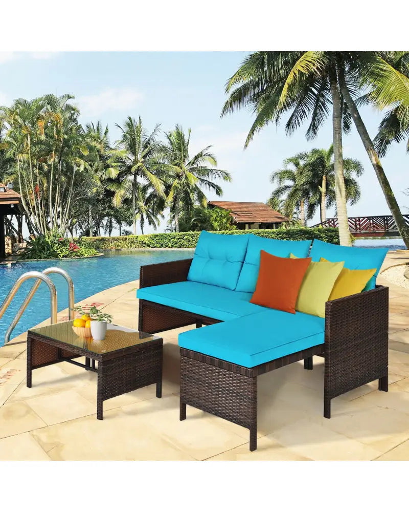 3 Pieces Patio Wicker Rattan Sofa Set-Turquoise - Turquoise - Patio Conversation Sets