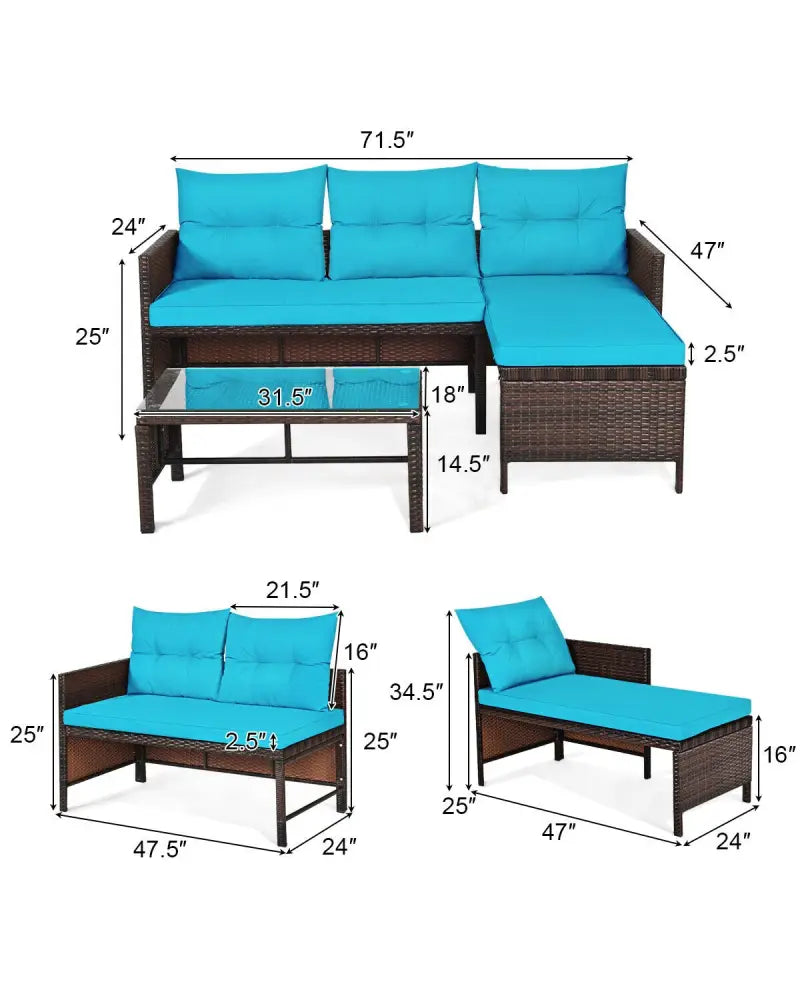 3 Pieces Patio Wicker Rattan Sofa Set-Turquoise - Turquoise - Patio Conversation Sets
