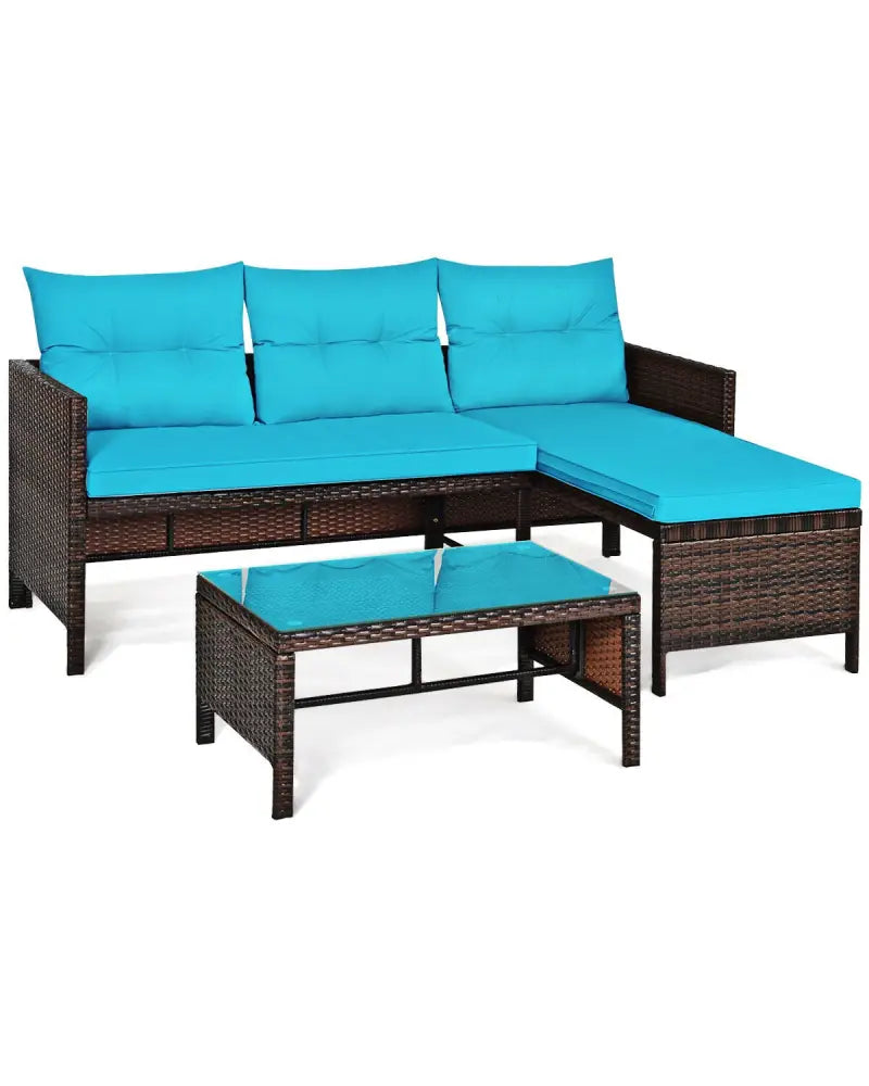 3 Pieces Patio Wicker Rattan Sofa Set-Turquoise - Turquoise - Patio Conversation Sets
