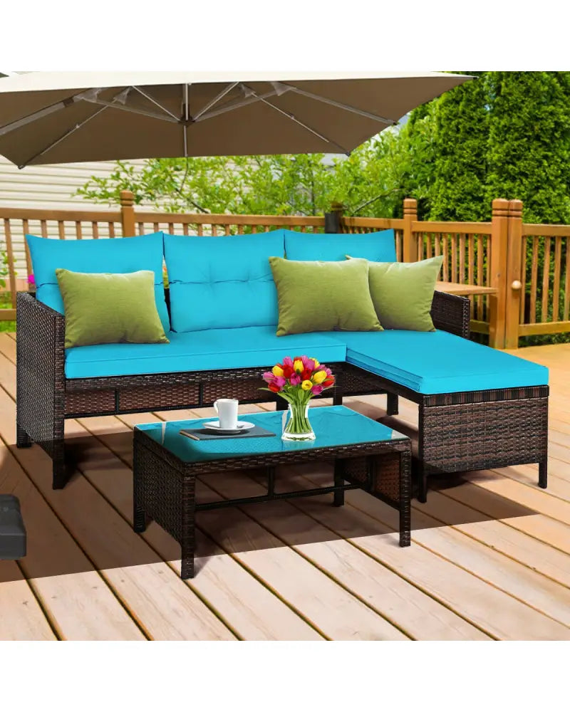 3 Pieces Patio Wicker Rattan Sofa Set-Turquoise - Turquoise - Patio Conversation Sets