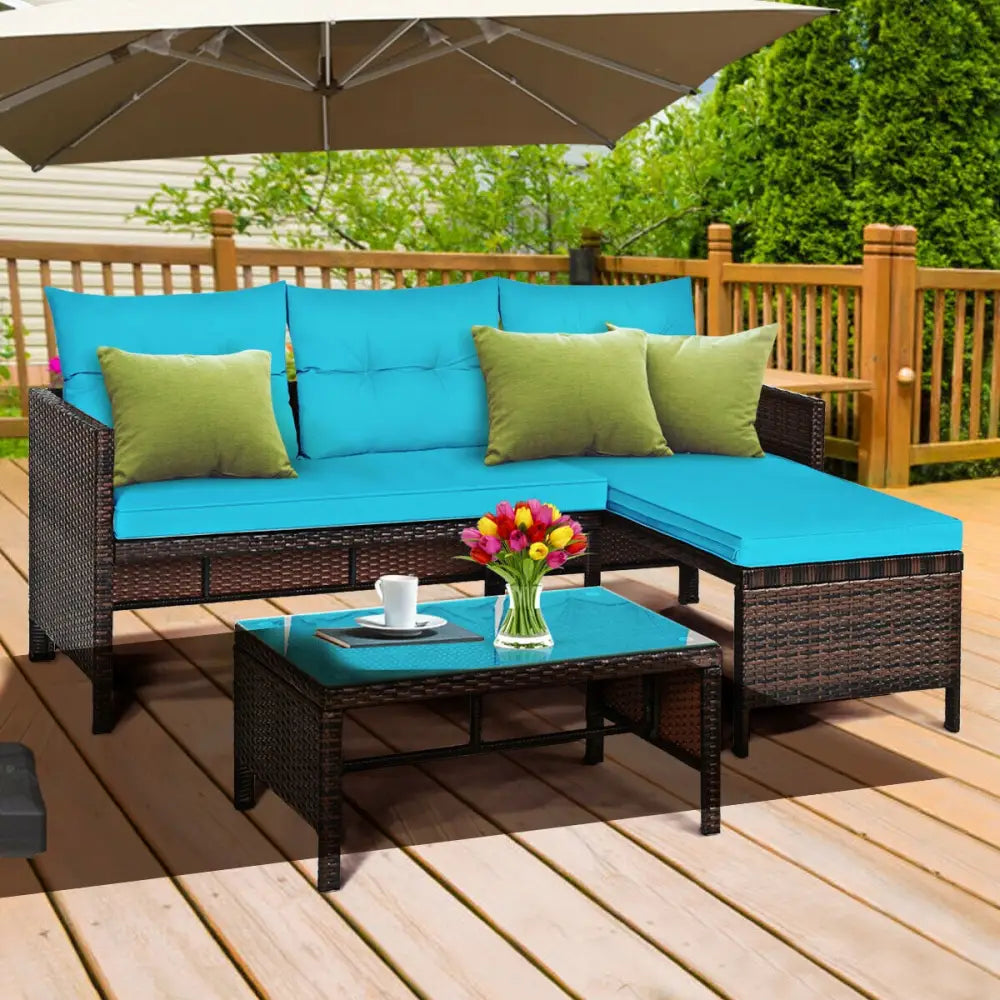 3 Pieces Patio Wicker Rattan Sofa Set-Turquoise - Turquoise - Patio Conversation Sets