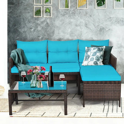3 Pieces Patio Wicker Rattan Sofa Set-Turquoise - Turquoise - Patio Conversation Sets