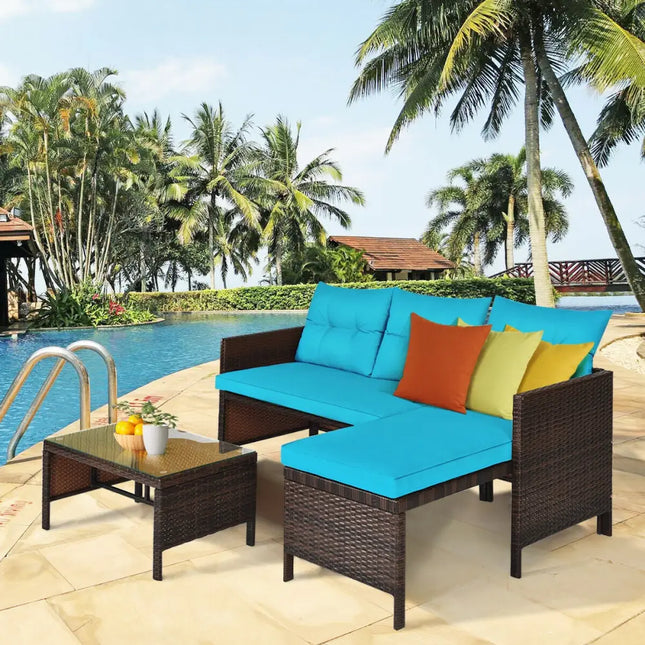 3 Pieces Patio Wicker Rattan Sofa Set-Turquoise - Turquoise - Patio Conversation Sets