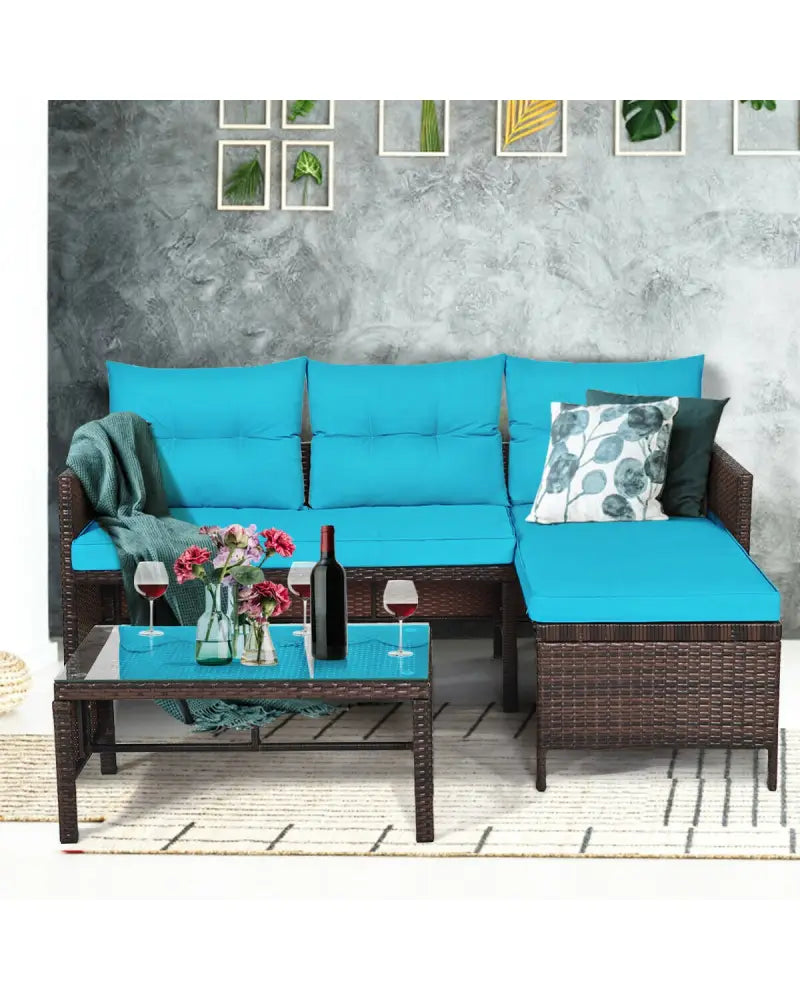 3 Pieces Patio Wicker Rattan Sofa Set-Turquoise - Turquoise - Patio Conversation Sets