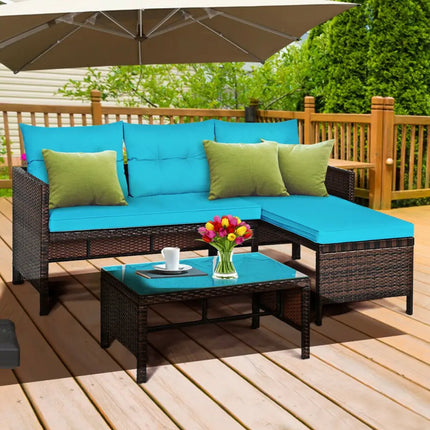 3 Pieces Patio Wicker Rattan Sofa Set-Turquoise - Turquoise - Patio Conversation Sets