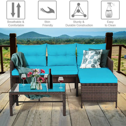 3 Pieces Patio Wicker Rattan Sofa Set-Turquoise - Turquoise - Patio Conversation Sets