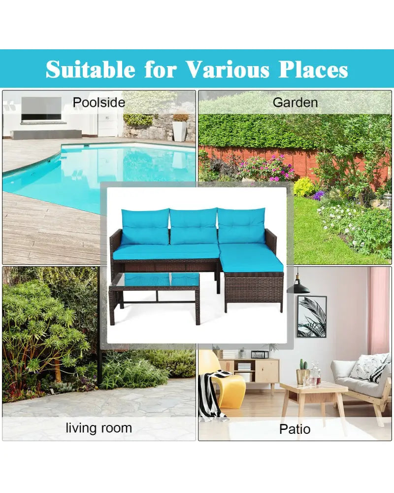 3 Pieces Patio Wicker Rattan Sofa Set-Turquoise - Turquoise - Patio Conversation Sets