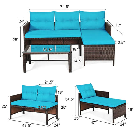 3 Pieces Patio Wicker Rattan Sofa Set-Turquoise - Turquoise - Patio Conversation Sets