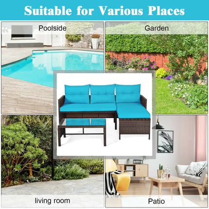 3 Pieces Patio Wicker Rattan Sofa Set-Turquoise - Turquoise - Patio Conversation Sets