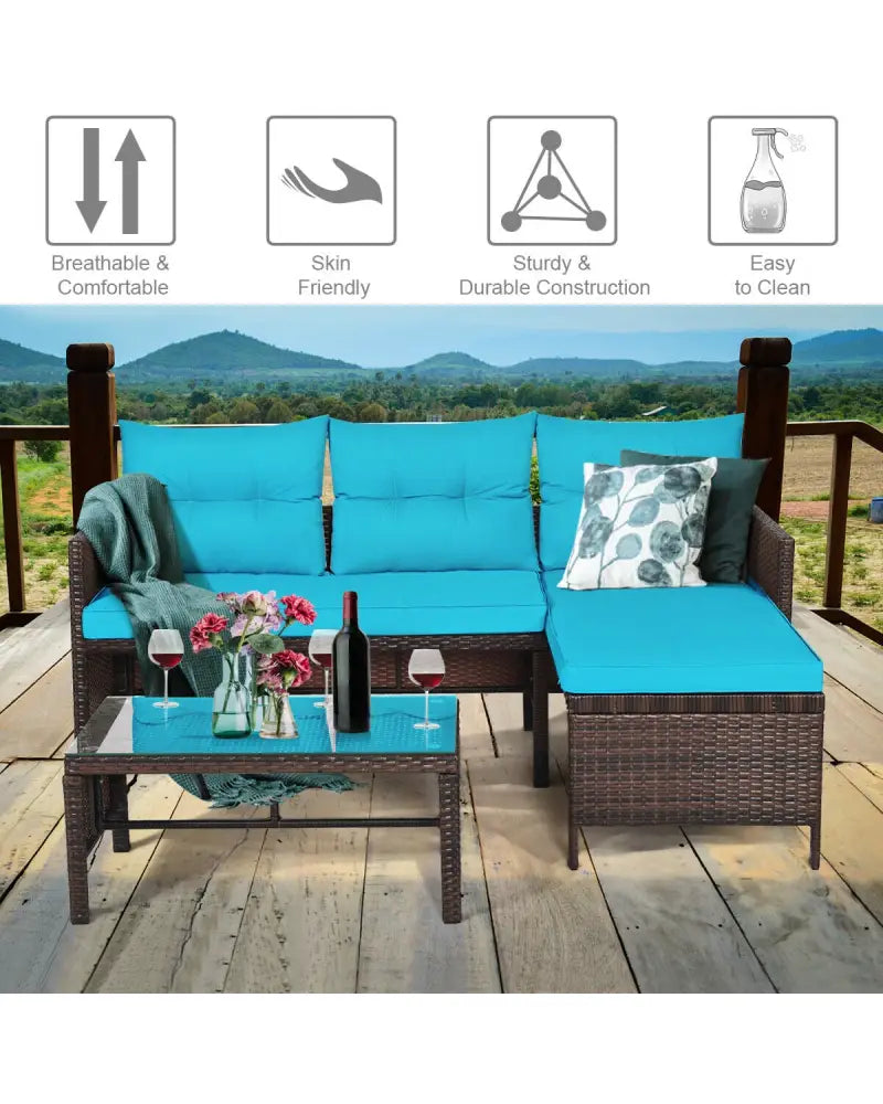 3 Pieces Patio Wicker Rattan Sofa Set-Turquoise - Turquoise - Patio Conversation Sets