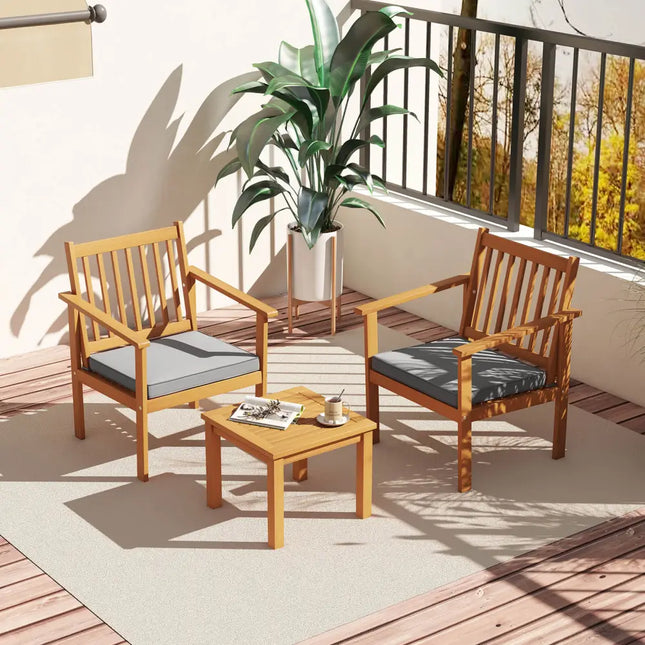 3 Pieces Patio Wood Furniture Set with soft Cushions for Porch-Gray - Gray - Patio Conversation Sets