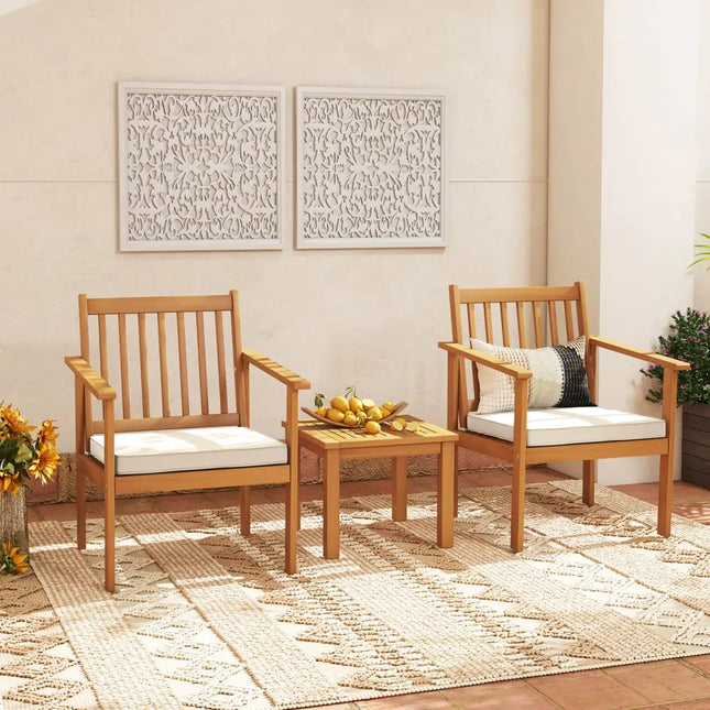 3 Pieces Patio Wood Furniture Set with soft Cushions for Porch-White - White - Patio Conversation Sets